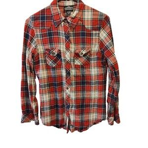 Angie Plaid Flannel Long Sleeve Button Front Shirt Women's Sz M Red Black White